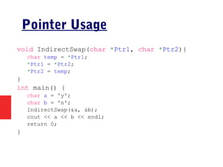 Pointer Usage
void IndirectSwap(char *Ptr1, char *Ptr2){
char temp = *Ptr1;
*Ptr1 = *Ptr2;
*Ptr2 = temp;
}
int main() {
char a = 'y';
char b = 'n';
IndirectSwap(&a, &b);
cout << a << b << endl;
return 0;
}
 