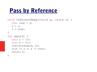 Pass by Reference
void IndirectSwap(char& y, char& z) {
char temp = y;
y = z;
z = temp;
}
int main() {
char a = 'y';
char b = 'n';
IndirectSwap(a, b);
cout << a << b << endl;
return 0;
}
 