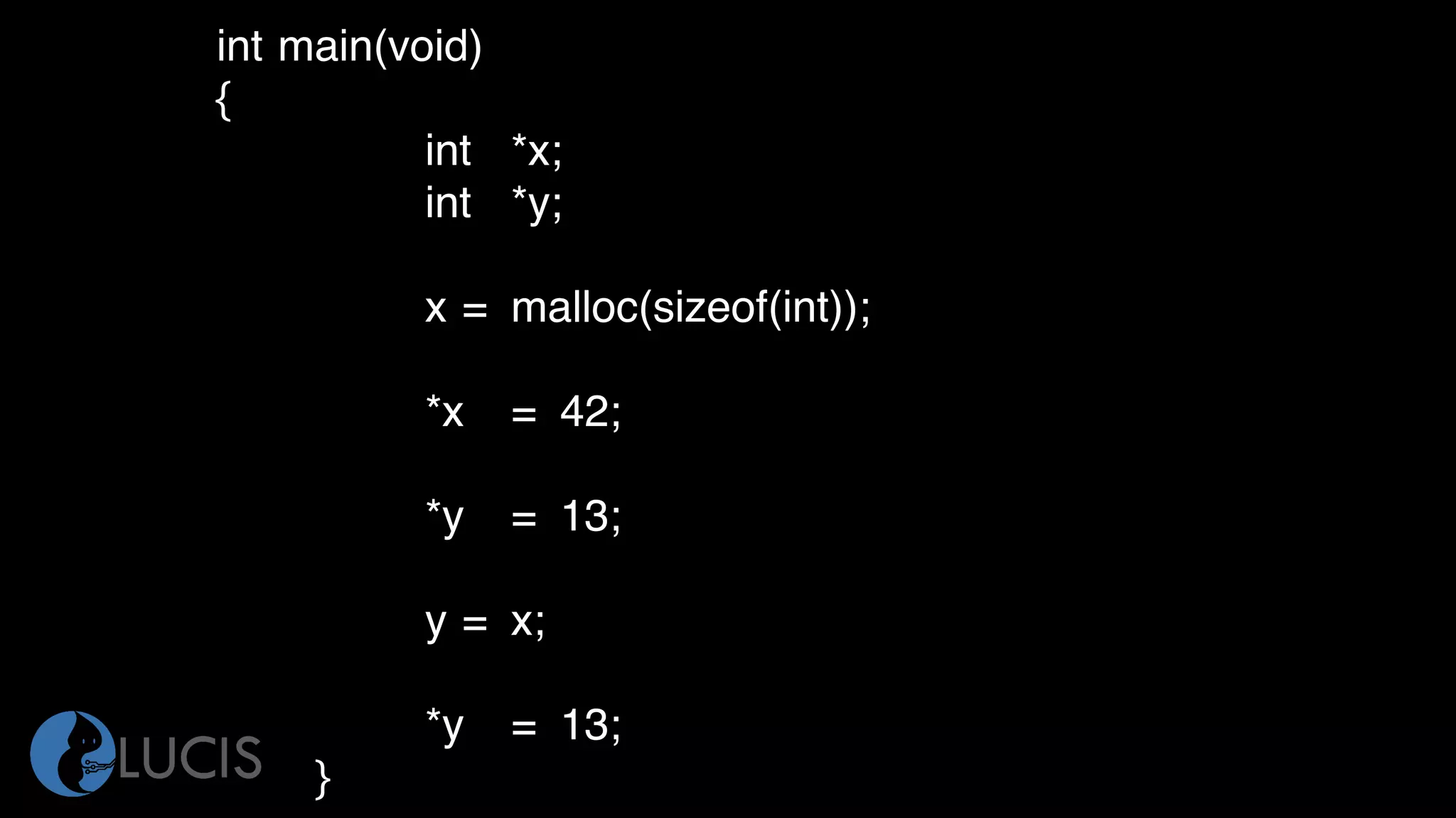 int main(void)
{
int *x;
int *y;
x = malloc(sizeof(int));
*x = 42;
*y = 13;
y = x;
*y = 13;
}
 