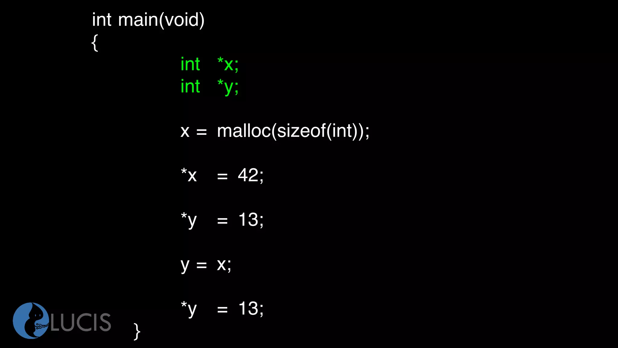 int main(void)
{
int *x;
int *y;
x = malloc(sizeof(int));
*x = 42;
*y = 13;
y = x;
*y = 13;
}
 