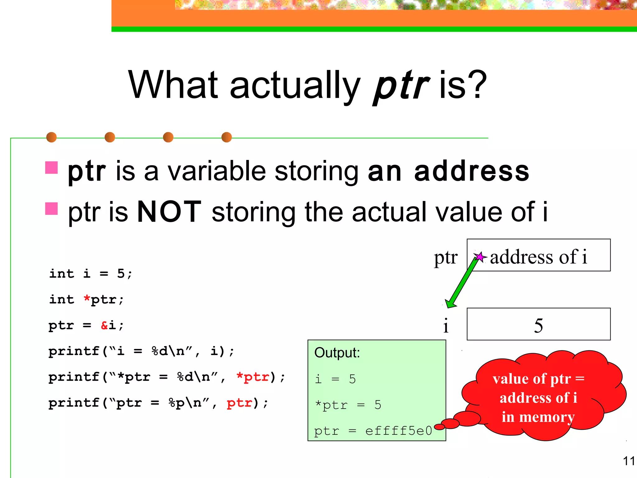 11
What actually ptr is?
 ptr is a variable storing an address
 ptr is NOT storing the actual value of i
int i = 5;
int *ptr;
ptr = &i;
printf(“i = %dn”, i);
printf(“*ptr = %dn”, *ptr);
printf(“ptr = %pn”, ptr);
5i
address of iptr
Output:
i = 5
*ptr = 5
ptr = effff5e0
value of ptr =
address of i
in memory
 