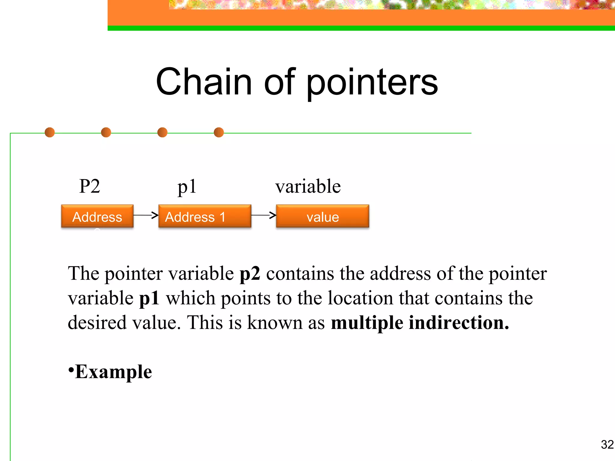 Chain of pointers
32
Address
2
Address 1 value
P2 p1 variable
The pointer variable p2 contains the address of the pointer
variable p1 which points to the location that contains the
desired value. This is known as multiple indirection.
•Example
 