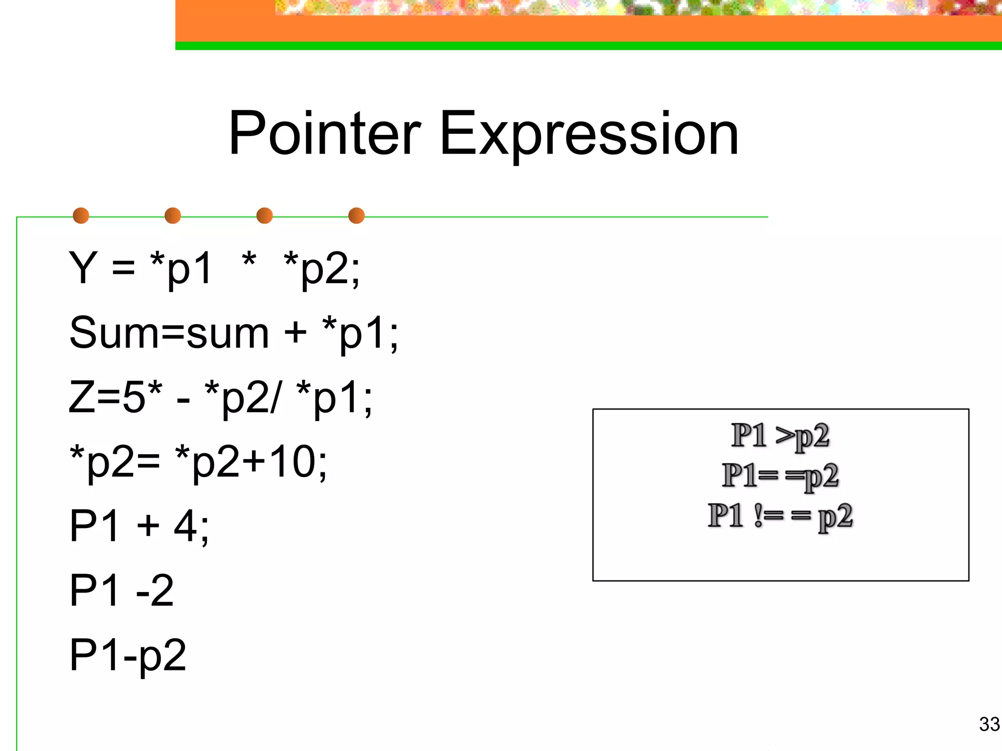 Pointer Expression
Y = *p1 * *p2;
Sum=sum + *p1;
Z=5* - *p2/ *p1;
*p2= *p2+10;
P1 + 4;
P1 -2
P1-p2
33
 