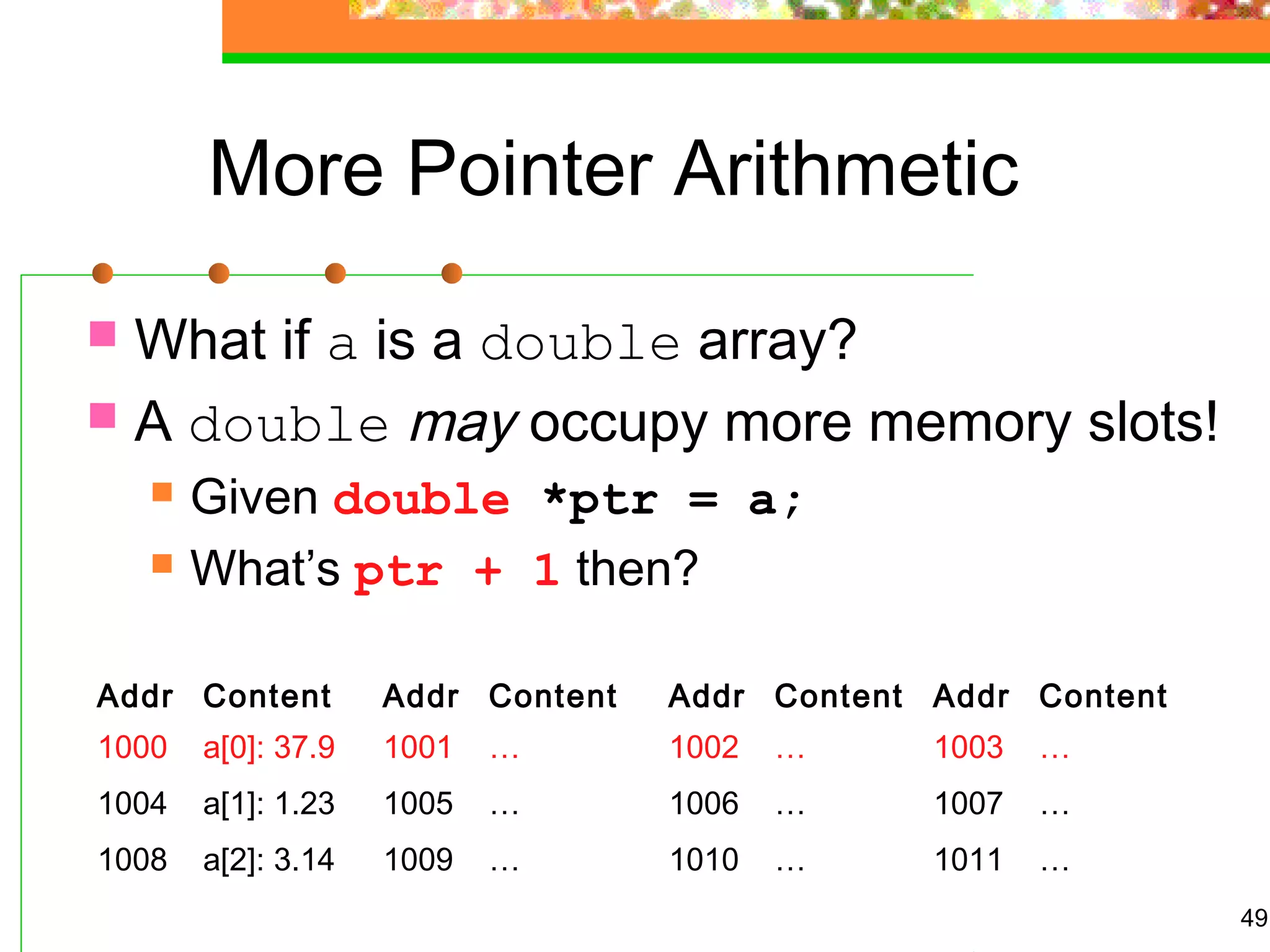 49
More Pointer Arithmetic
 What if a is a double array?
 A double may occupy more memory slots!
 Given double *ptr = a;
 What’s ptr + 1 then?
Addr Content Addr Content Addr Content Addr Content
1000 a[0]: 37.9 1001 … 1002 … 1003 …
1004 a[1]: 1.23 1005 … 1006 … 1007 …
1008 a[2]: 3.14 1009 … 1010 … 1011 …
 