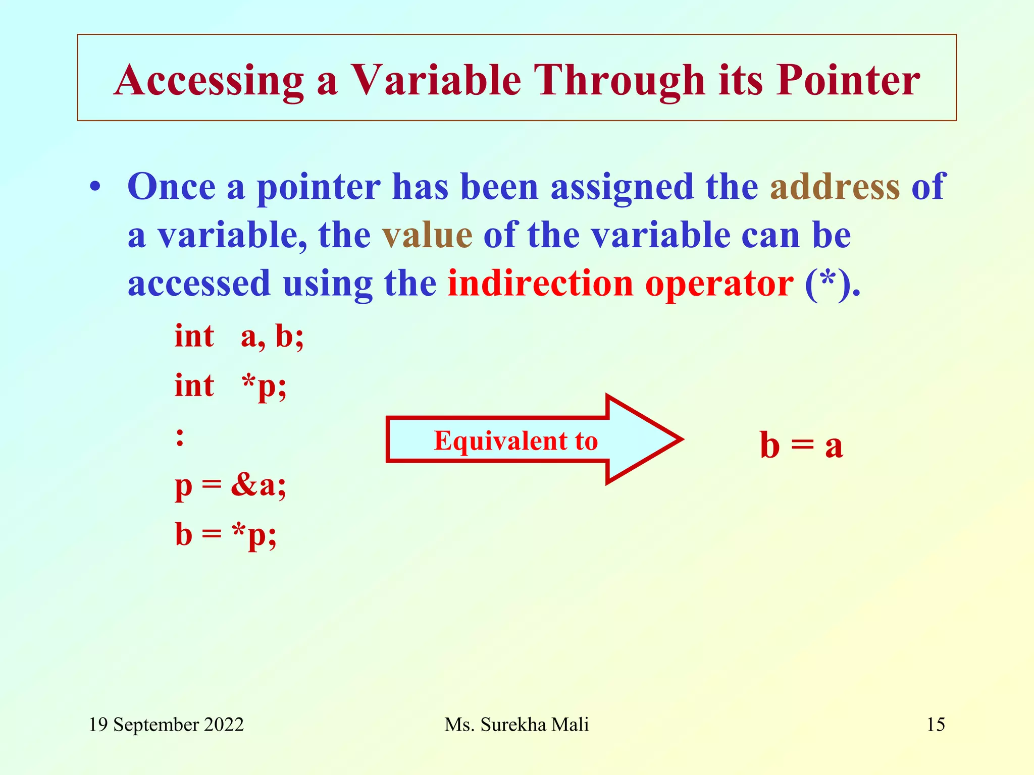 19 September 2022 Ms. Surekha Mali 15 Accessing a Variable Through its Pointer • Once a pointer has been assigned the address of a variable, the value of the variable can be accessed using the indirection operator (*). int a, b; int *p; : p = &a; b = *p; Equivalent to b = a 