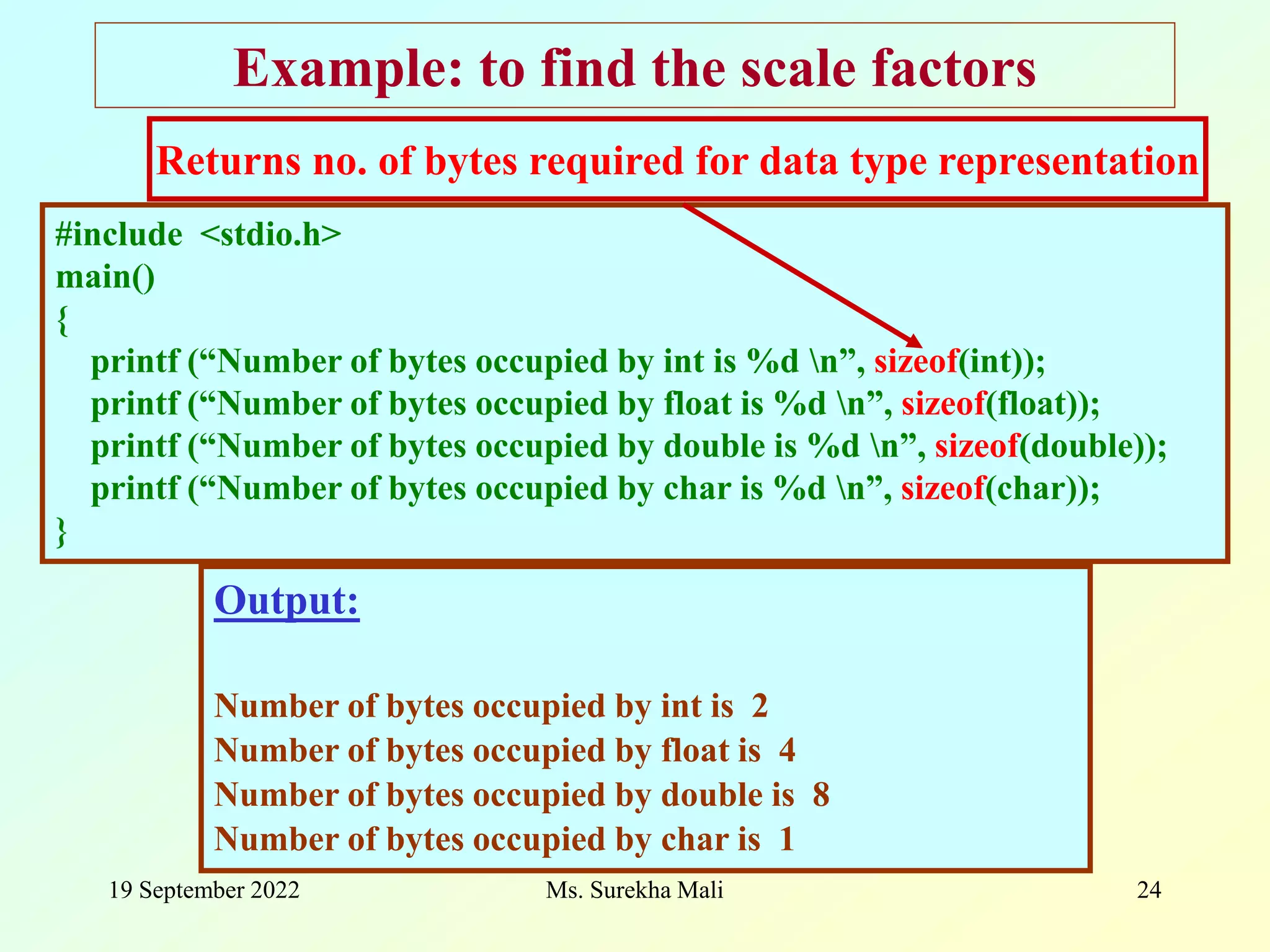 19 September 2022 Ms. Surekha Mali 24 Example: to find the scale factors #include <stdio.h> main() { printf (“Number of bytes occupied by int is %d n”, sizeof(int)); printf (“Number of bytes occupied by float is %d n”, sizeof(float)); printf (“Number of bytes occupied by double is %d n”, sizeof(double)); printf (“Number of bytes occupied by char is %d n”, sizeof(char)); } Output: Number of bytes occupied by int is 2 Number of bytes occupied by float is 4 Number of bytes occupied by double is 8 Number of bytes occupied by char is 1 Returns no. of bytes required for data type representation 