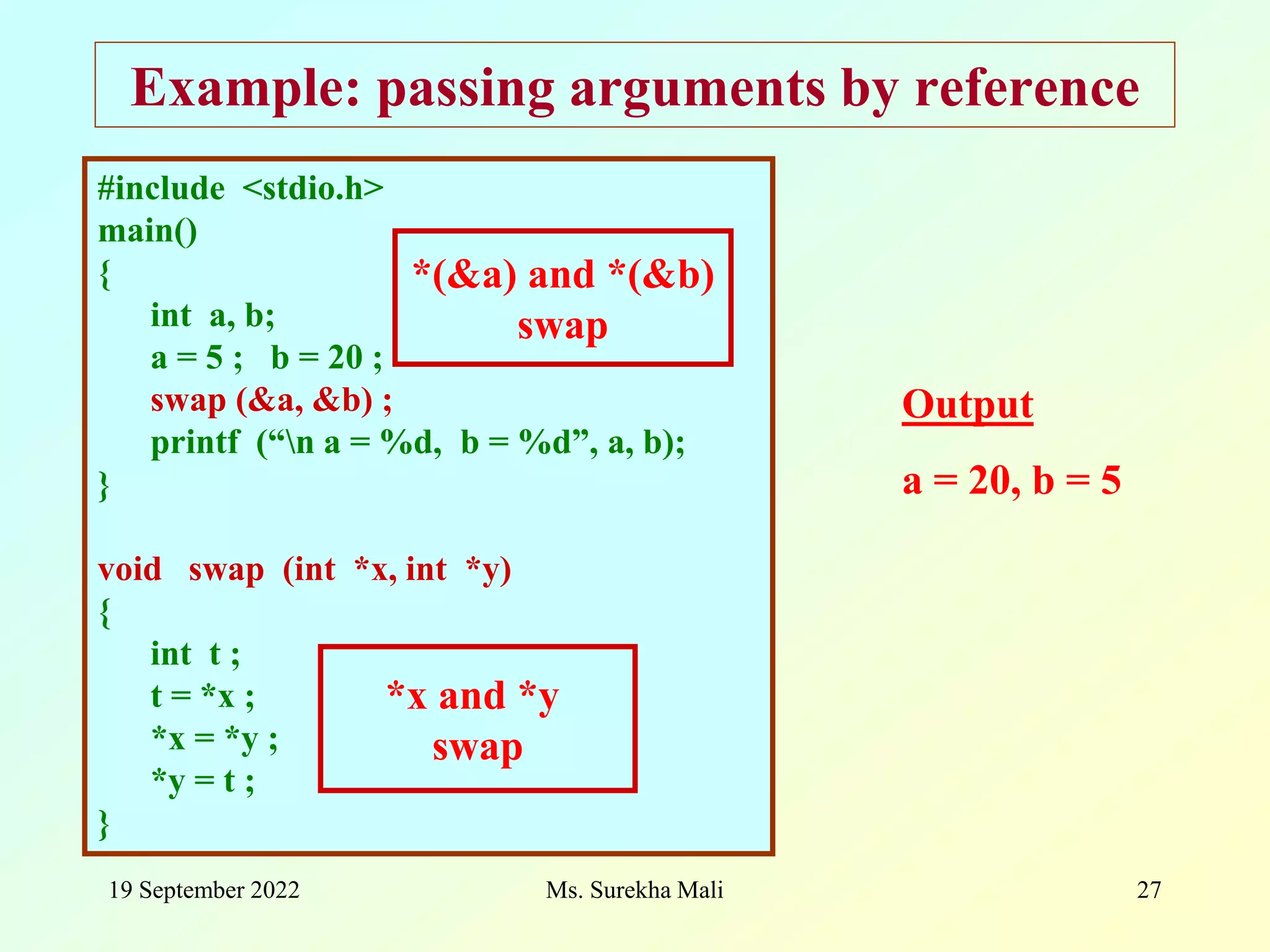19 September 2022 Ms. Surekha Mali 27 Example: passing arguments by reference #include <stdio.h> main() { int a, b; a = 5 ; b = 20 ; swap (&a, &b) ; printf (“n a = %d, b = %d”, a, b); } void swap (int *x, int *y) { int t ; t = *x ; *x = *y ; *y = t ; } Output a = 20, b = 5 *x and *y swap *(&a) and *(&b) swap 
