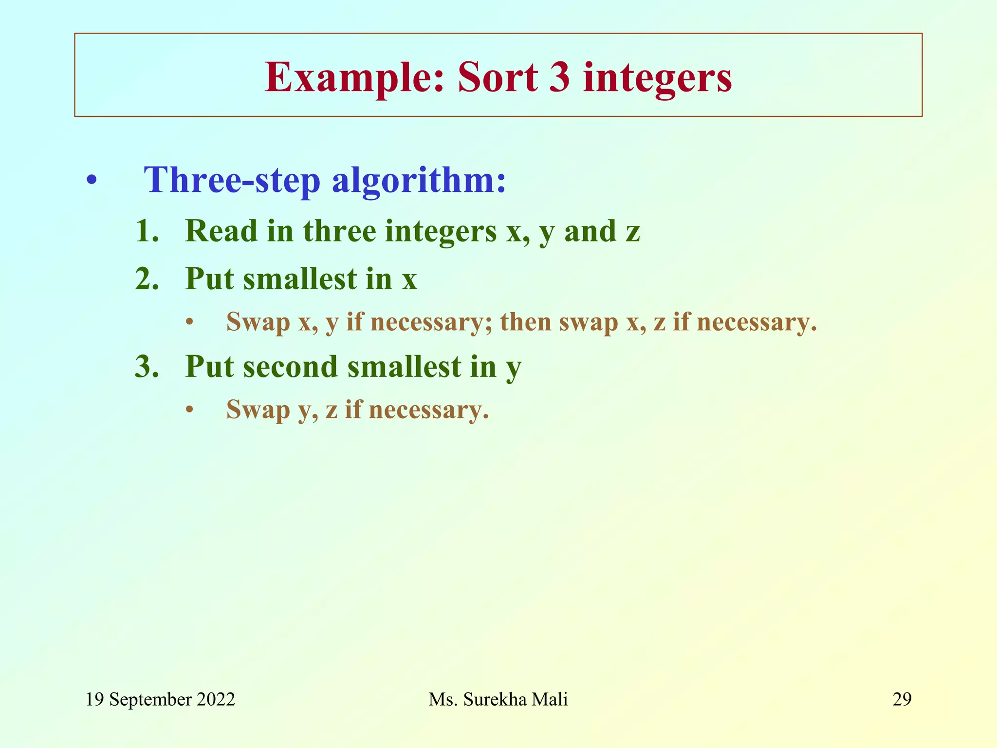 19 September 2022 Ms. Surekha Mali 29 Example: Sort 3 integers • Three-step algorithm: 1. Read in three integers x, y and z 2. Put smallest in x • Swap x, y if necessary; then swap x, z if necessary. 3. Put second smallest in y • Swap y, z if necessary. 