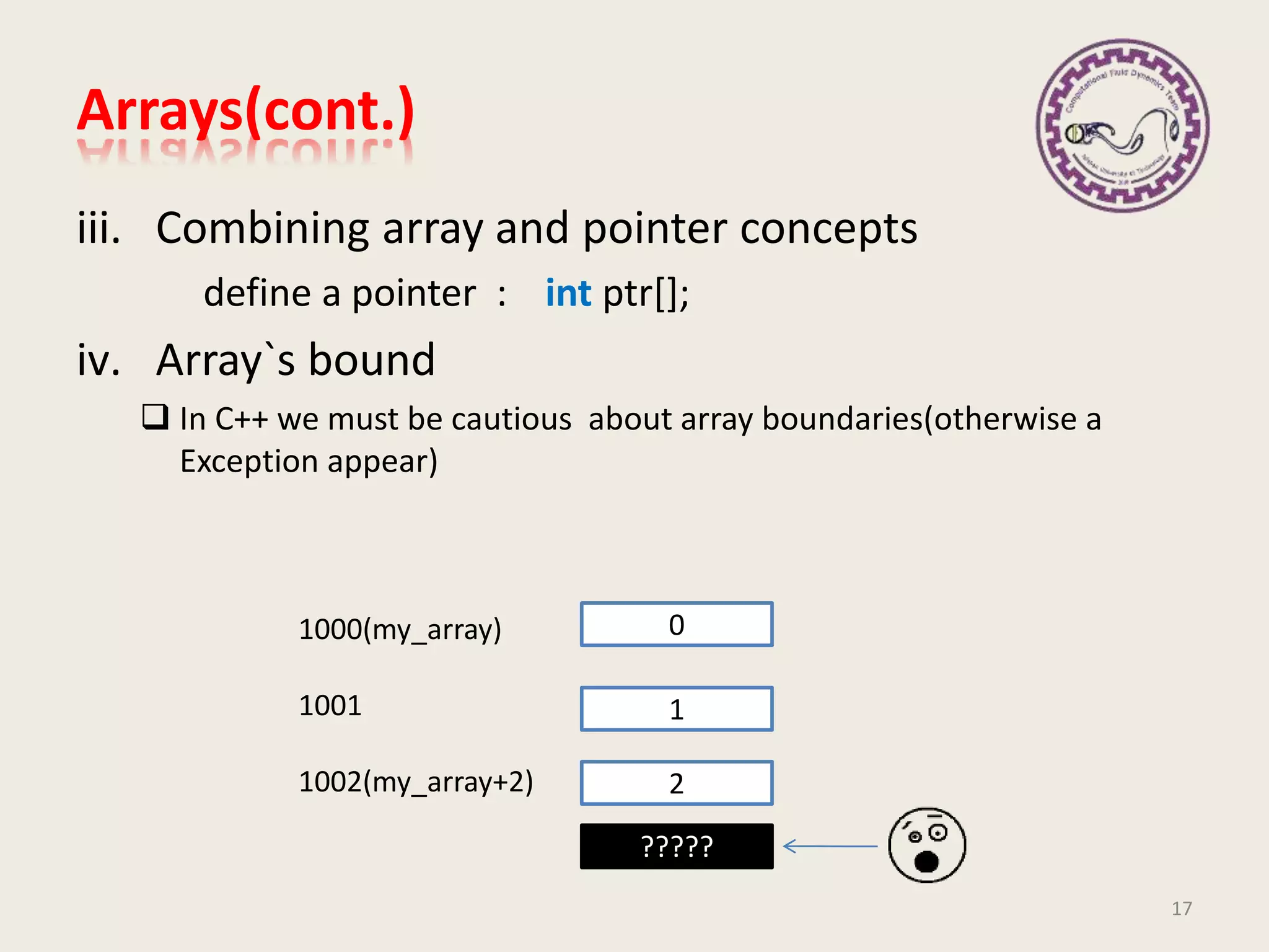 iii. Combining array and pointer concepts
define a pointer : int ptr[];
iv. Array`s bound
 In C++ we must be cautious about array boundaries(otherwise a
Exception appear)
17
0
1
2
1000(my_array)
1001
1002(my_array+2)
?????
Arrays(cont.)
 
