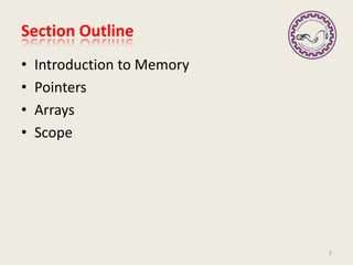 Section Outline
• Introduction to Memory
• Pointers
• Arrays
• Scope
2
 