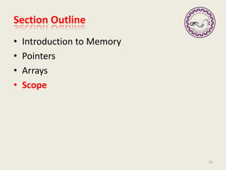 Section Outline
• Introduction to Memory
• Pointers
• Arrays
• Scope
20
 