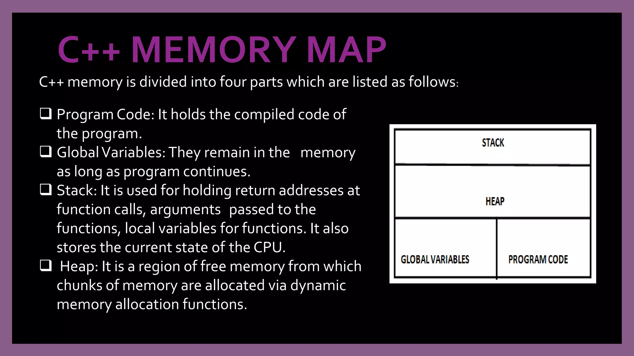 C++ MEMORY MAP
 Program Code: It holds the compiled code of
the program.
 GlobalVariables:They remain in the memory
as long as program continues.
 Stack: It is used for holding return addresses at
function calls, arguments passed to the
functions, local variables for functions. It also
stores the current state of the CPU.
 Heap: It is a region of free memory from which
chunks of memory are allocated via dynamic
memory allocation functions.
C++ memory is divided into four parts which are listed as follows:
 