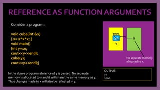 REFERENCE AS FUNCTION ARGUMENTS
Consider a program:
void cube(int &x)
{ x= x*x*x; }
void main()
{int y=10;
cout<<y<<endl;
cube(y);
cout<<y<<endl;}
10
y
x
No separate memory
allocated to x.
In the above program reference of y is passed. No separate
memory is allocated to x and it will share the same memory as y.
Thus changes made to x will also be reflected in y.
1000
OUTPUT:
10
1000
 