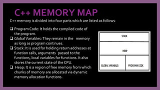 C++ MEMORY MAP
 Program Code: It holds the compiled code of
the program.
 GlobalVariables:They remain in the memory
as long as program continues.
 Stack: It is used for holding return addresses at
function calls, arguments passed to the
functions, local variables for functions. It also
stores the current state of the CPU.
 Heap: It is a region of free memory from which
chunks of memory are allocated via dynamic
memory allocation functions.
C++ memory is divided into four parts which are listed as follows:
 