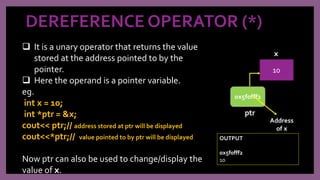 DEREFERENCE OPERATOR (*)
 It is a unary operator that returns the value
stored at the address pointed to by the
pointer.
 Here the operand is a pointer variable.
eg.
int x = 10;
int *ptr = &x;
cout<< ptr;// address stored at ptr will be displayed
cout<<*ptr;// value pointed to by ptr will be displayed
Now ptr can also be used to change/display the
value of x.
OUTPUT
0x5f0fff2
10
 