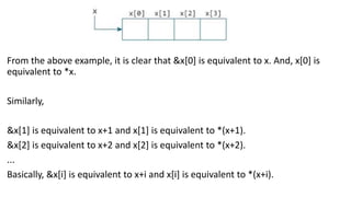 From the above example, it is clear that &x[0] is equivalent to x. And, x[0] is
equivalent to *x.
Similarly,
&x[1] is equivalent to x+1 and x[1] is equivalent to *(x+1).
&x[2] is equivalent to x+2 and x[2] is equivalent to *(x+2).
...
Basically, &x[i] is equivalent to x+i and x[i] is equivalent to *(x+i).
 