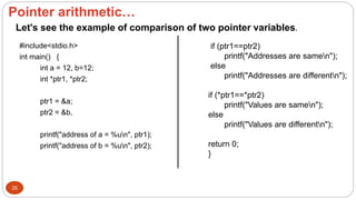 Pointer arithmetic…
35
#include<stdio.h>
int main() {
int a = 12, b=12;
int *ptr1, *ptr2;
ptr1 = &a;
ptr2 = &b,
printf("address of a = %un", ptr1);
printf("address of b = %un", ptr2);
if (ptr1==ptr2)
printf("Addresses are samen");
else
printf("Addresses are differentn");
if (*ptr1==*ptr2)
printf("Values are samen");
else
printf("Values are differentn");
return 0;
}
Let's see the example of comparison of two pointer variables.
 