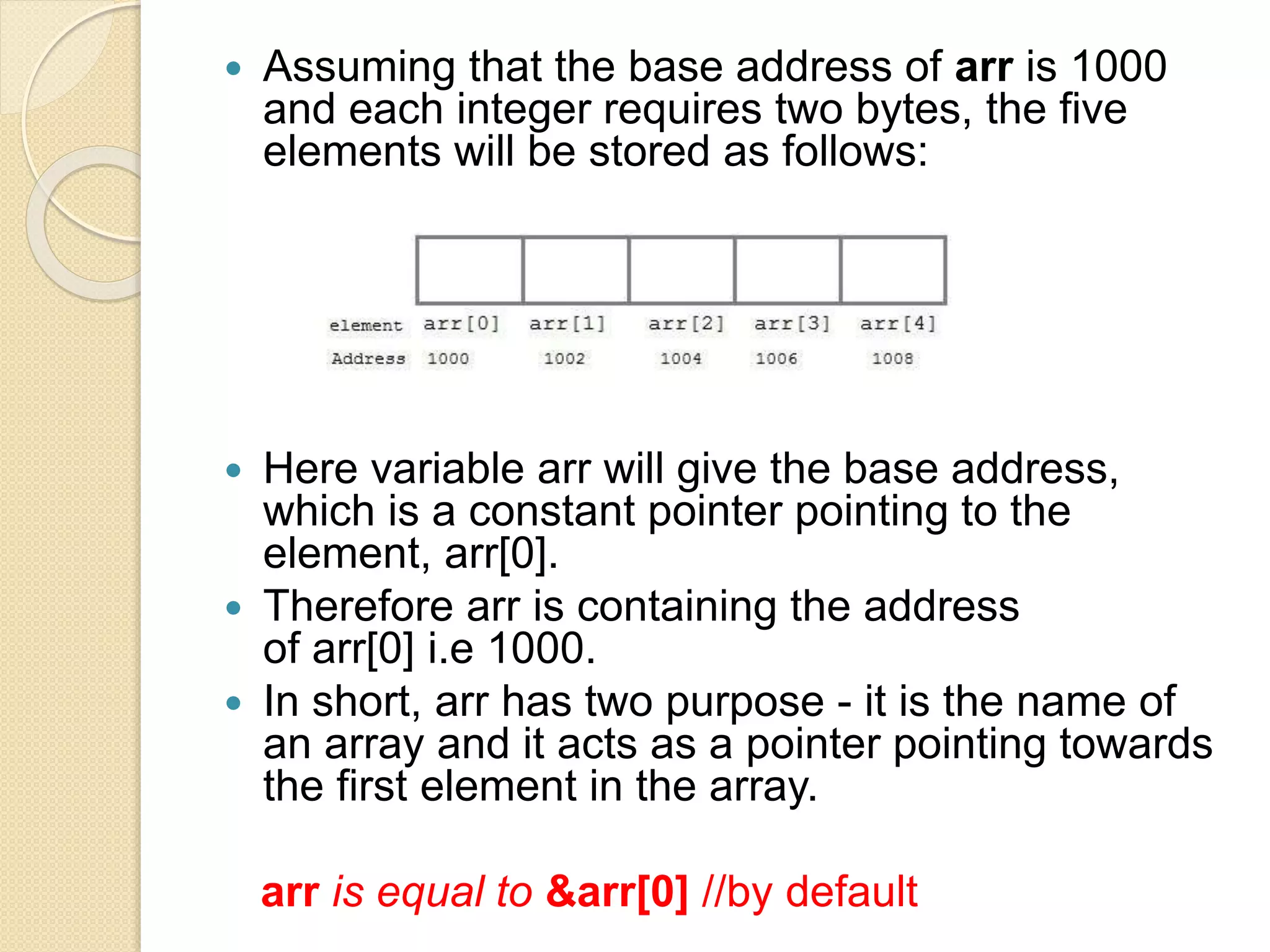  Assuming that the base address of arr is 1000
and each integer requires two bytes, the five
elements will be stored as follows:
 Here variable arr will give the base address,
which is a constant pointer pointing to the
element, arr[0].
 Therefore arr is containing the address
of arr[0] i.e 1000.
 In short, arr has two purpose - it is the name of
an array and it acts as a pointer pointing towards
the first element in the array.
arr is equal to &arr[0] //by default
 