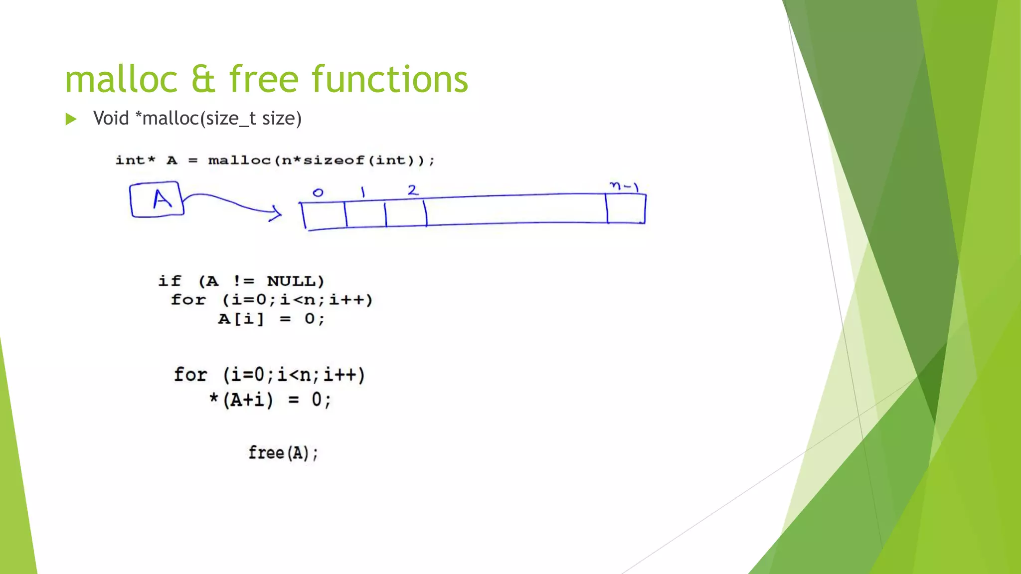 malloc & free functions
 Void *malloc(size_t size)
 