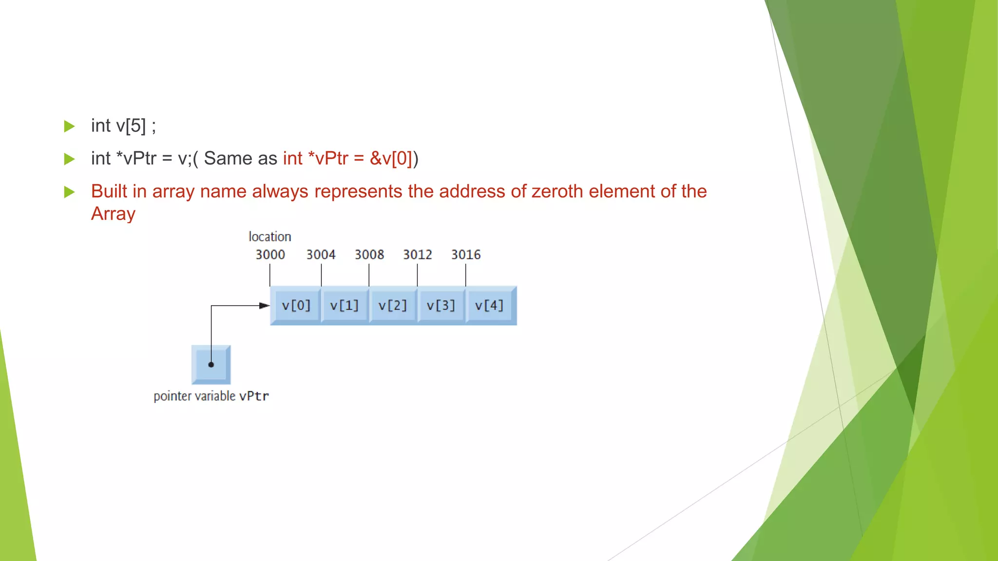  int v[5] ;
 int *vPtr = v;( Same as int *vPtr = &v[0])
 Built in array name always represents the address of zeroth element of the
Array
 