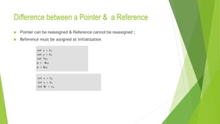 Difference between a Pointer & a Reference
 Pointer can be reassigned & Reference cannot be reassigned ;
 Reference must be assigned at initialization
 