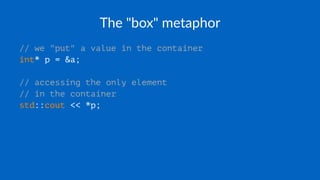 The "box" metaphor
// we "put" a value in the container
int* p = &a;
// accessing the only element
// in the container
std::cout << *p;
 