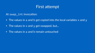 First a(empt
At swap_int invoca*on:
• The values in a and b get copied into the local variables x and y
• The values in x and y get swapped, but...
• The values in a and b remain untouched
 