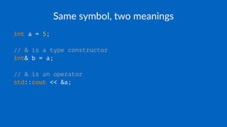 Same symbol, two meanings
int a = 5;
// & is a type constructor
int& b = a;
// & is an operator
std::cout << &a;
 