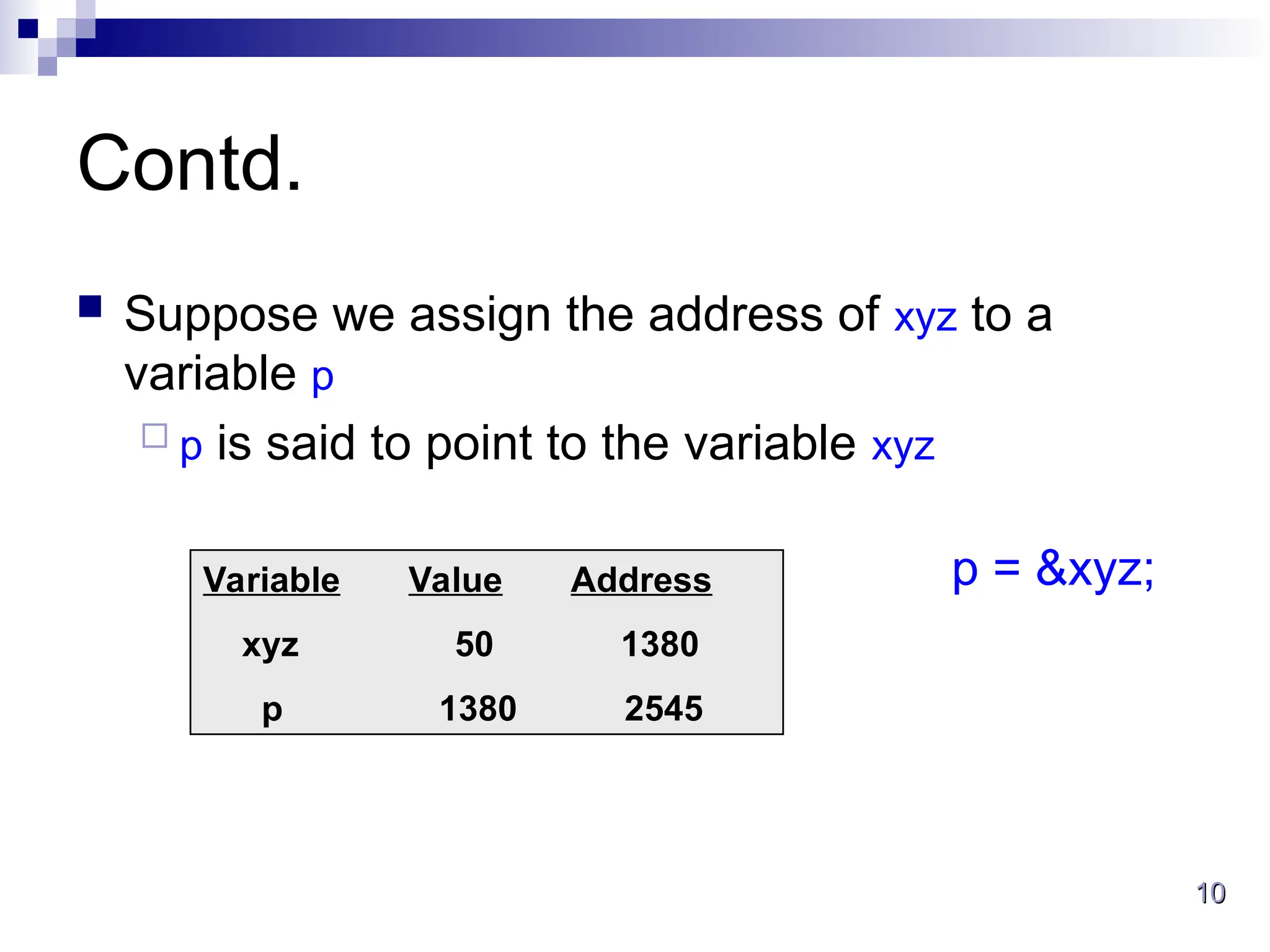 10
10
Contd.
 Suppose we assign the address of xyz to a
variable p
 p is said to point to the variable xyz
Variable Value Address
xyz 50 1380
p 1380 2545
p = &xyz;
 