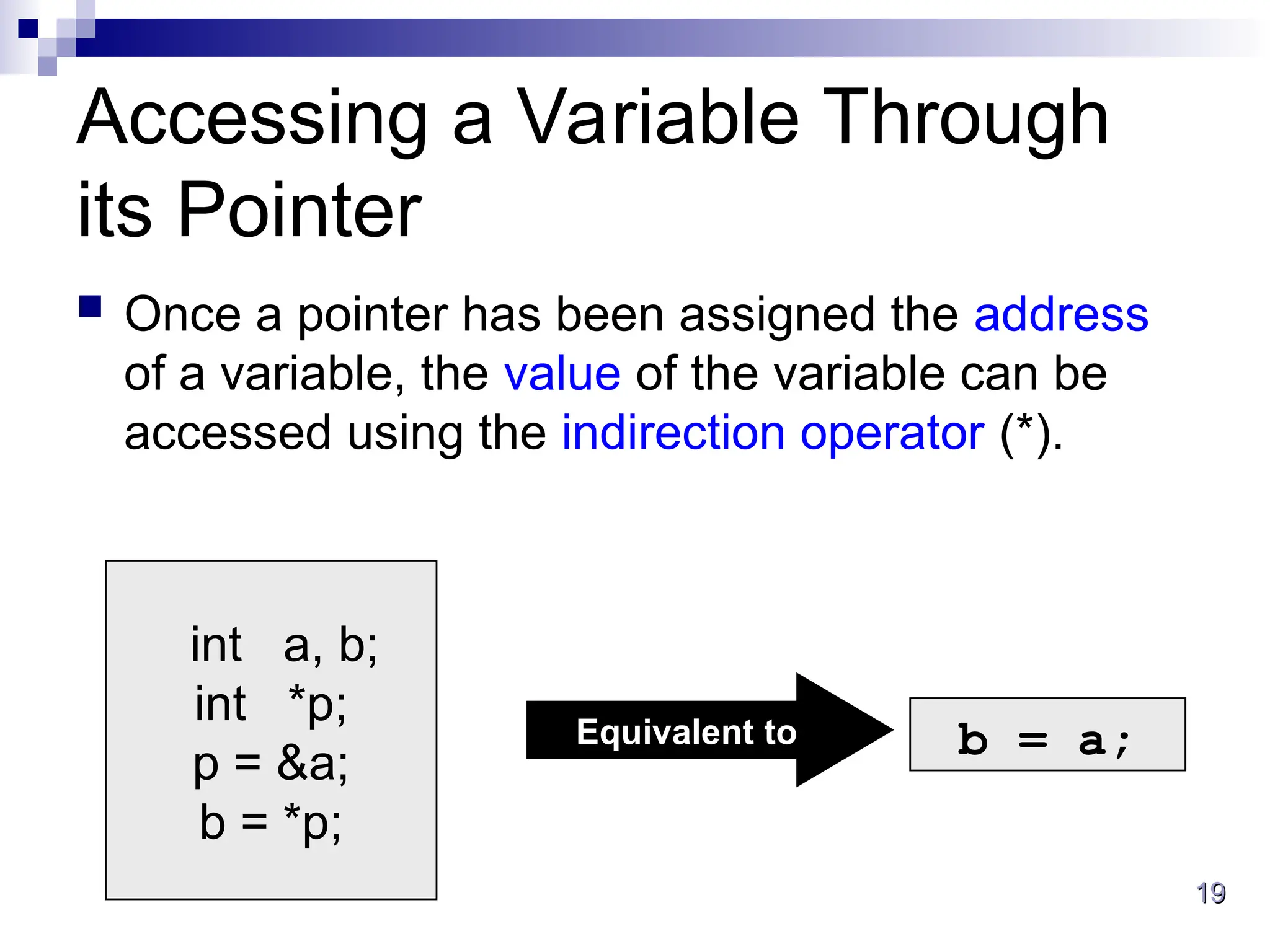 19
19
int a, b;
int *p;
p = &a;
b = *p;
Accessing a Variable Through
its Pointer
 Once a pointer has been assigned the address
of a variable, the value of the variable can be
accessed using the indirection operator (*).
Equivalent to b = a;
 