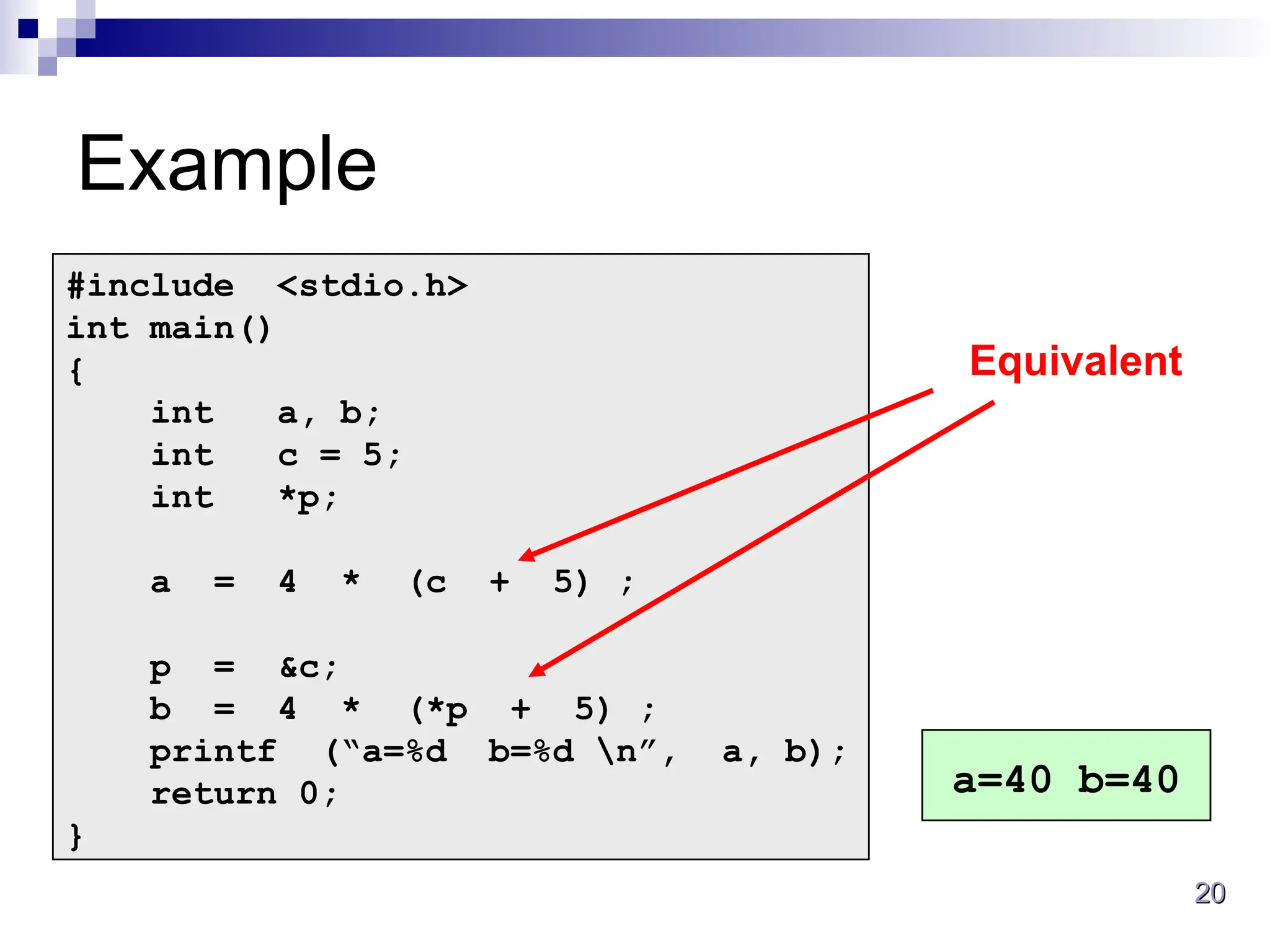 20
20
Example
#include <stdio.h>
int main()
{
int a, b;
int c = 5;
int *p;
a = 4 * (c + 5) ;
p = &c;
b = 4 * (*p + 5) ;
printf (“a=%d b=%d n”, a, b);
return 0;
}
Equivalent
a=40 b=40
 