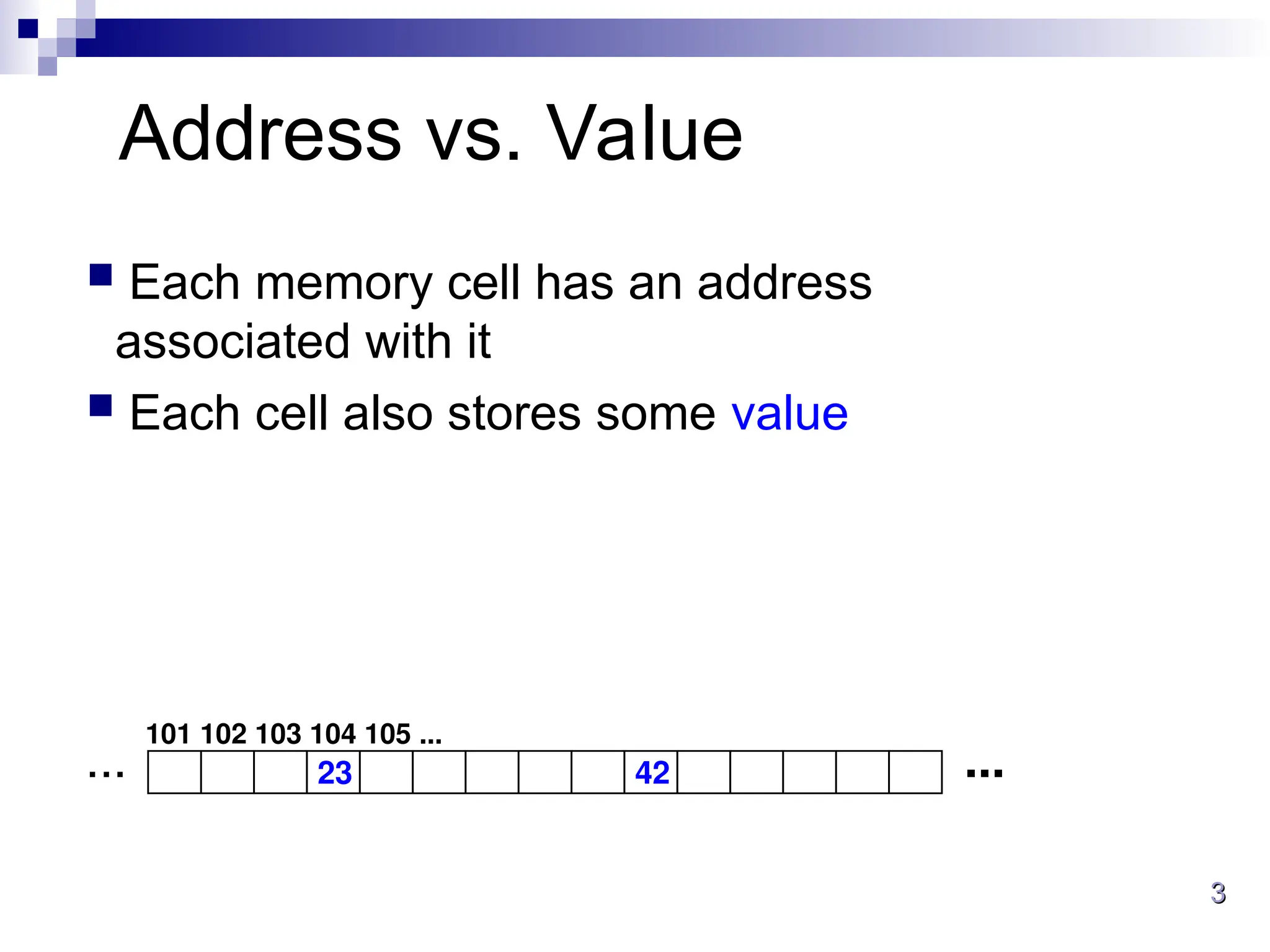 3
3
Address vs. Value
 Each memory cell has an address
associated with it
 Each cell also stores some value
23 42 ...
...
101 102 103 104 105 ...
 