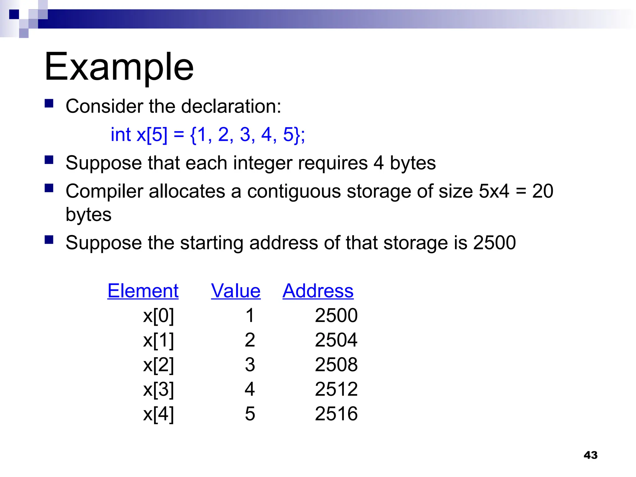 43
Example
 Consider the declaration:
int x[5] = {1, 2, 3, 4, 5};
 Suppose that each integer requires 4 bytes
 Compiler allocates a contiguous storage of size 5x4 = 20
bytes
 Suppose the starting address of that storage is 2500
Element Value Address
x[0] 1 2500
x[1] 2 2504
x[2] 3 2508
x[3] 4 2512
x[4] 5 2516
 