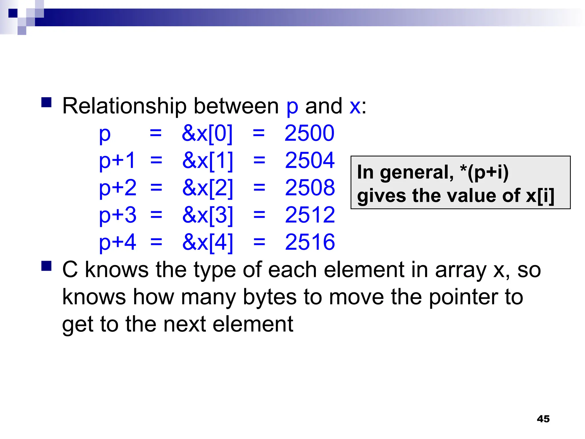 45
 Relationship between p and x:
p = &x[0] = 2500
p+1 = &x[1] = 2504
p+2 = &x[2] = 2508
p+3 = &x[3] = 2512
p+4 = &x[4] = 2516
 C knows the type of each element in array x, so
knows how many bytes to move the pointer to
get to the next element
In general, *(p+i)
gives the value of x[i]
 