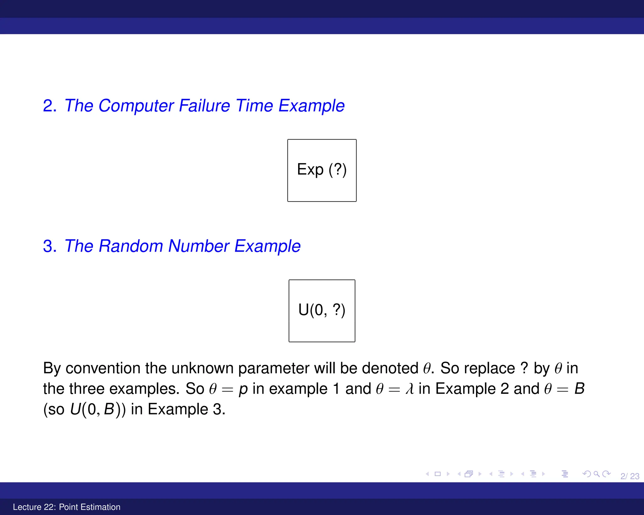 2/ 23
2. The Computer Failure Time Example
Exp (?)
3. The Random Number Example
U(0, ?)
By convention the unknown parameter will be denoted θ. So replace ? by θ in
the three examples. So θ = p in example 1 and θ = λ in Example 2 and θ = B
(so U(0, B)) in Example 3.
Lecture 22: Point Estimation
 