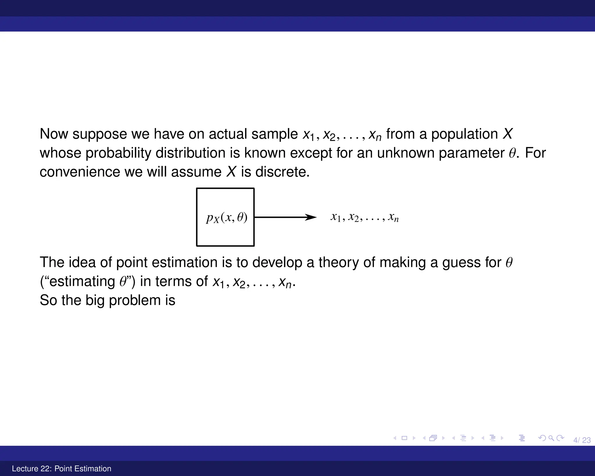 4/ 23
Now suppose we have on actual sample x1, x2, . . . , xn from a population X
whose probability distribution is known except for an unknown parameter θ. For
convenience we will assume X is discrete.
The idea of point estimation is to develop a theory of making a guess for θ
(“estimating θ”) in terms of x1, x2, . . . , xn.
So the big problem is
Lecture 22: Point Estimation
 