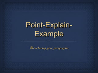 Point-Explain-Point-Explain-
ExampleExample
Structuring your paragraphsStructuring your paragraphs
 
