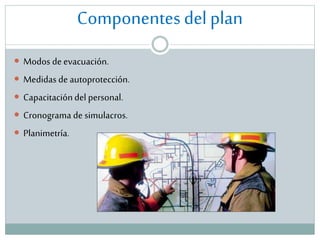 Componentes del plan
 Modos de evacuación.
 Medidas de autoprotección.
 Capacitación del personal.
 Cronograma de simulacros.
 Planimetría.

 