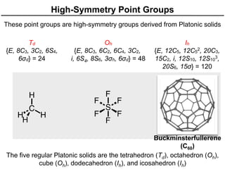 High-Symmetry Point Groups
These point groups are high-symmetry groups derived from Platonic solids
Ih
{E, 12C5, 12C5
2, 20C3,
15C2, i, 12S10, 12S10
3,
20S6, 15σ} = 120
Oh
{E, 8C3, 6C2, 6C4, 3C2,
i, 6S4, 8S6, 3σh, 6σd} = 48
Td
{E, 8C3, 3C2, 6S4,
6σd} = 24
The five regular Platonic solids are the tetrahedron (Td), octahedron (Oh),
cube (Oh), dodecahedron (Ih), and icosahedron (Ih)
Buckminsterfullerene
(C60)
 