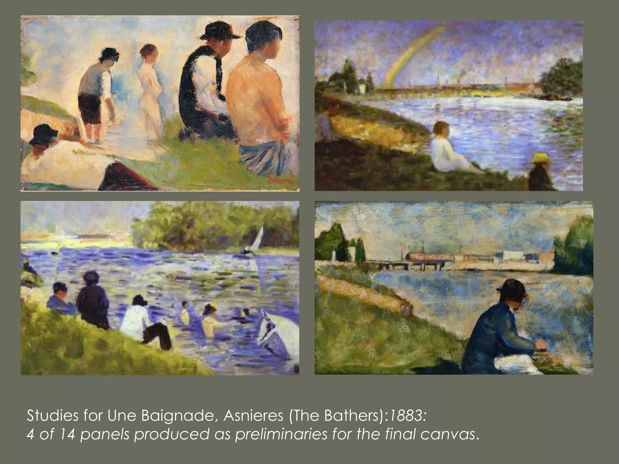 Studies for Une Baignade, Asnieres (The Bathers): 1883:  4 of 14 panels produced as preliminaries for the final canvas .  