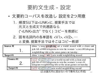 •
10
Table 4: Generated summaries from NMT with PS. Boldface words are the words copied from the source
Source #1 china ’s tang gonghong set a world record with a clean and
jerk lift of ### kilograms to win the women ’s over-## kilogram
weightlifting title at the asian games on tuesday .
Target #1 china ’s tang <unk>,sets world weightlifting record
NMT+PS #1 china ’s tang gonghong wins women ’s weightlifting weightlift-
ing title at asian games
Source #2 owing to criticism , nbc said on wednesday that it was ending
a three-month-old experiment that would have brought the ﬁrst
liquor advertisements onto national broadcast network television
Table 4: Generated summaries from NMT with PS. Boldface words are the words copied from the so
Source #1 china ’s tang gonghong set a world record with a clean and
jerk lift of ### kilograms to win the women ’s over-## kilogram
weightlifting title at the asian games on tuesday .
Target #1 china ’s tang <unk>,sets world weightlifting record
NMT+PS #1 china ’s tang gonghong wins women ’s weightlifting weightlift-
<v1> ’s <v2> <v3> set a world record with a clean and
jerk lift of ### kilograms to win the women ’s over-##
kilogram weightlifting title at the asian games on tuesday .
<v1> ’s <v2> <v3>,sets world weightlifting record
 