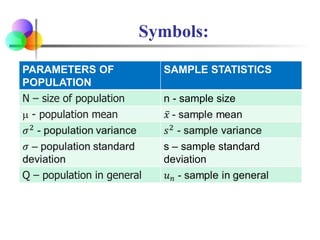 Symbols:
PARAMETERS OF
POPULATION
SAMPLE STATISTICS
N – size of population n - sample size
 - population mean
s – sample standard
deviation
Q – population in general
 