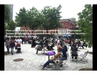 Plane comes from the Latin word planus meaning level and in reference to
humans corresponds to the recumbent body. In
body is supported by the Earth.
body is supported by the Earth.
meaning level and in reference to
humans corresponds to the recumbent body. In the recumbent state the entire
 