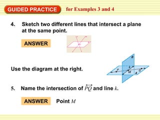 GUIDED PRACTICE for Examples 3 and 4
4. Sketch two different lines that intersect a plane
at the same point.
Use the diagram at the right.
5. Name the intersection of PQ and line k.
ANSWER Point M
ANSWER
 