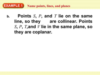 EXAMPLE 1 Name points, lines, and planes
b. Points S, P, and T lie on the same
line, so they are collinear. Points
S, P, T,and V lie in the same plane, so
they are coplanar.
 