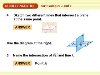 GUIDED PRACTICE for Examples 3 and 4
4. Sketch two different lines that intersect a plane
at the same point.
Use the diagram at the right.
5. Name the intersection of PQ and line k.
ANSWER Point M
ANSWER
 