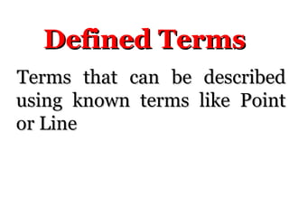 Defined Terms
Defined Terms
Terms that can be described
Terms that can be described
using known terms like Point
using known terms like Point
or Line
or Line
 