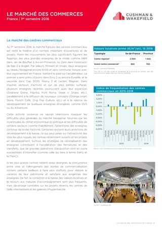 Le marché des centres commerciaux
Au 1er semestre 2016, le marché français des centres commerciaux
est resté le théâtre d’un nombre important d’ouvertures et de
projets. Parmi les mouvements les plus significatifs figurent les
flagships des plus grandes enseignes de la mode, comme H&M
dans Jas de Bouffan à Aix-en-Provence, ou Zara dans l’extension
de Bab 2 à Anglet. Par ailleurs, Primark et Uniqlo, deux enseignes
au réseau hexagonal encore limité et sans commune mesure avec
leur rayonnement en France, mettent le pied sur l’accélérateur. Le
premier a ainsi prévu d’ouvrir dans Evry 2 ou encore Euralille, et la
seconde dans Cap 3000, Rosny 2 et Leclerc Blagnac. Dans
d’autres secteurs d’activité et sur de plus petites surfaces,
plusieurs enseignes récentes poursuivent aussi leur expansion
(Sostrene Grene, Paprika, Punt Roma, Steak n’ Shake, etc.),
parallèlement à la diffusion de nouveaux concepts (Orange smart
Store, Flunch Café, Zing Pop Culture, etc.) et à la relance du
développement de quelques enseignes étrangères, comme OVS
ou As Adventure.
Cette activité soutenue ne saurait néanmoins masquer les
difficultés plus générales du marché hexagonal. Nourries par les
incertitudes du climat économique et politique et les difficultés de
certains secteurs comme l’habillement, l’attentisme des enseignes
continue de brider l’activité. Certaines revoient leurs ambitions de
développement à la baisse, ce qui peut peser sur l’attractivité des
sites les plus risqués, les centres récemment ouverts et les projets
en développement. Surtout, les stratégies de rationalisation des
enseignes contribuent à l’accélération des fermetures et des
transferts, que de grandes opérations d’acquisition sont en outre
susceptibles d’intensifier (comme celle qui liera à terme Darty et
la FNAC).
Si les plus grands centres restent assez épargnés, la concurrence
entre sites et l’allongement des durées de commercialisation
incitent certains bailleurs à faire plus d’efforts pour réduire la
vacance de leur patrimoine et satisfaire aux exigences des
enseignes. De fait, la correction à la baisse des valeurs locatives et
le recours aux mesures d’accompagnement sont plus fréquents,
mais davantage constatés sur les projets récents, les centres de
taille intermédiaire et les galeries d’hypermarché.
Le marché des commerces en France | 6
Valeurs locatives prime (€/m²/an), 1S 2016
Typologie Ile-de-France Province
Centre régional* 2 000 1 400
Grand centre commercial* 950 700
Source : Cushman & Wakefield
*Pour 150 m² très bien placés en équipement de la personne ou services, dans des
centres existants, leaders dans leur zone de chalandise.
Le CNIT | La Défense (92)
Indice de fréquentation des centres
commerciaux en 2015-2016
-6,00%
-5,00%
-4,00%
-3,00%
-2,00%
-1,00%
0,00%
1,00%
2,00%
3,00%
Janvier
Février
Mars
Avril
Mai
Juin
Juillet
Août
Septembre
Octobre
Novembre
Décembre
Janvier
Février
Mars
Avril
Mai
2015 2016
Source : CNCC/Données issues d’un panel de 154 centres commerciaux
LE MARCHÉ DES COMMERCES
France | 1er semestre 2016
 