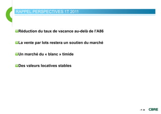 RAPPEL PERSPECTIVES 1T 2011



 Réduction du taux de vacance au-delà de l’A86

 La vente par lots restera un soutien du marché

 Un marché du « blanc » timide

 Des valeurs locatives stables




                                                  - P. 29
 