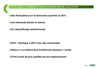 SYNTHÈSE ET PERSPECTIVES DU MARCHÉ DE L’ACTIVITÉ


 Des fluctuations sur la demande exprimée en 2011

 Une demande placée en baisse

 Un rééquilibrage location/vente




 2012 : identique à 2011 avec des incertitudes

 Retour à un schéma plus traditionnel (location > vente)

 Forts écarts de prix justifiés par les emplacements


                                                           - P. 37
 